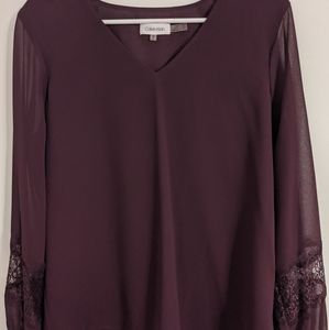 Purple V-Neck Blouse with lace on sleeves